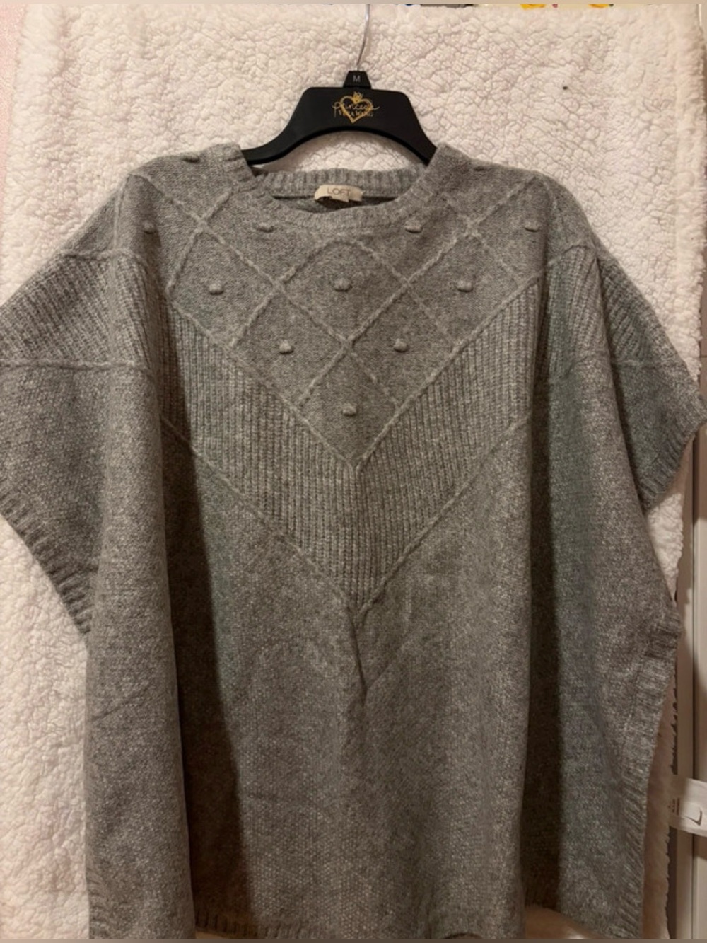 LOFT Gray Textured Knit Poncho with Pom Details